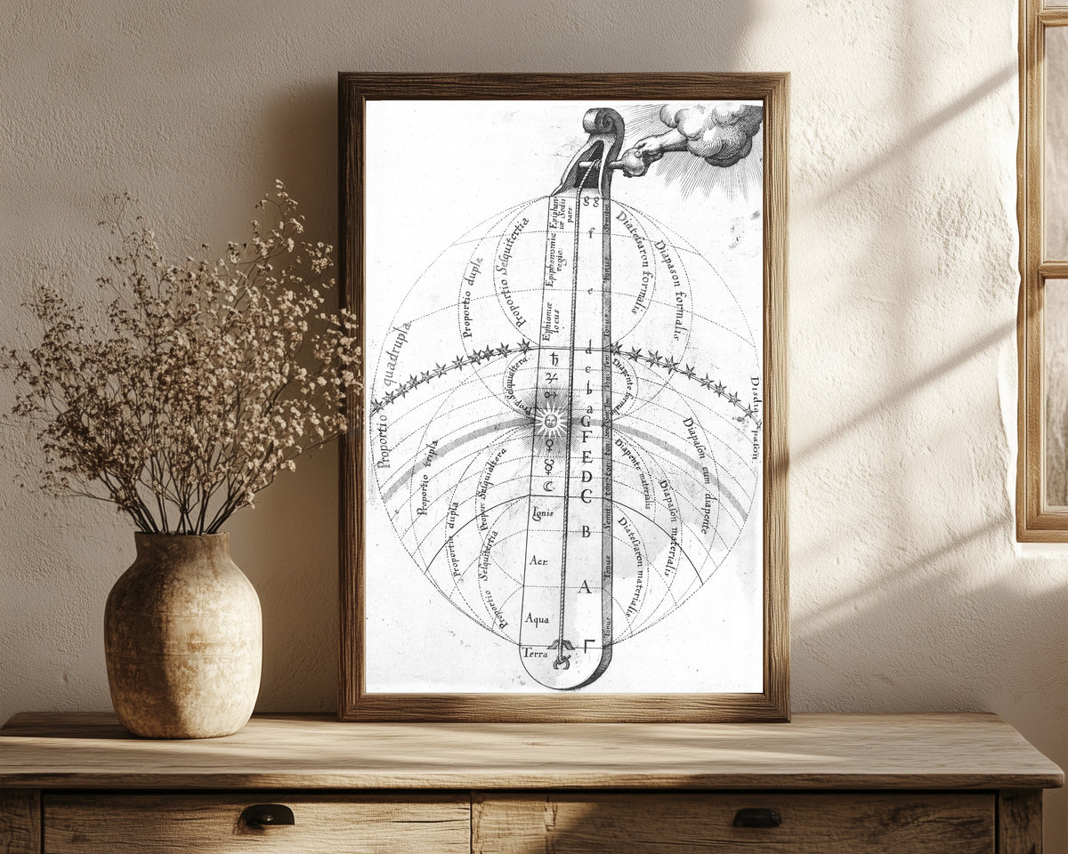 Framed art print of The Divine Monochord (Utriusque Cosmi, 1617) by Robert Fludd, in a dark wood frame leaning on a rustic console beside dried flowers