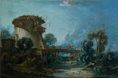 The Dovecote by François Boucher — A round dovecote and a plank bridge under a cloud-streaked sky