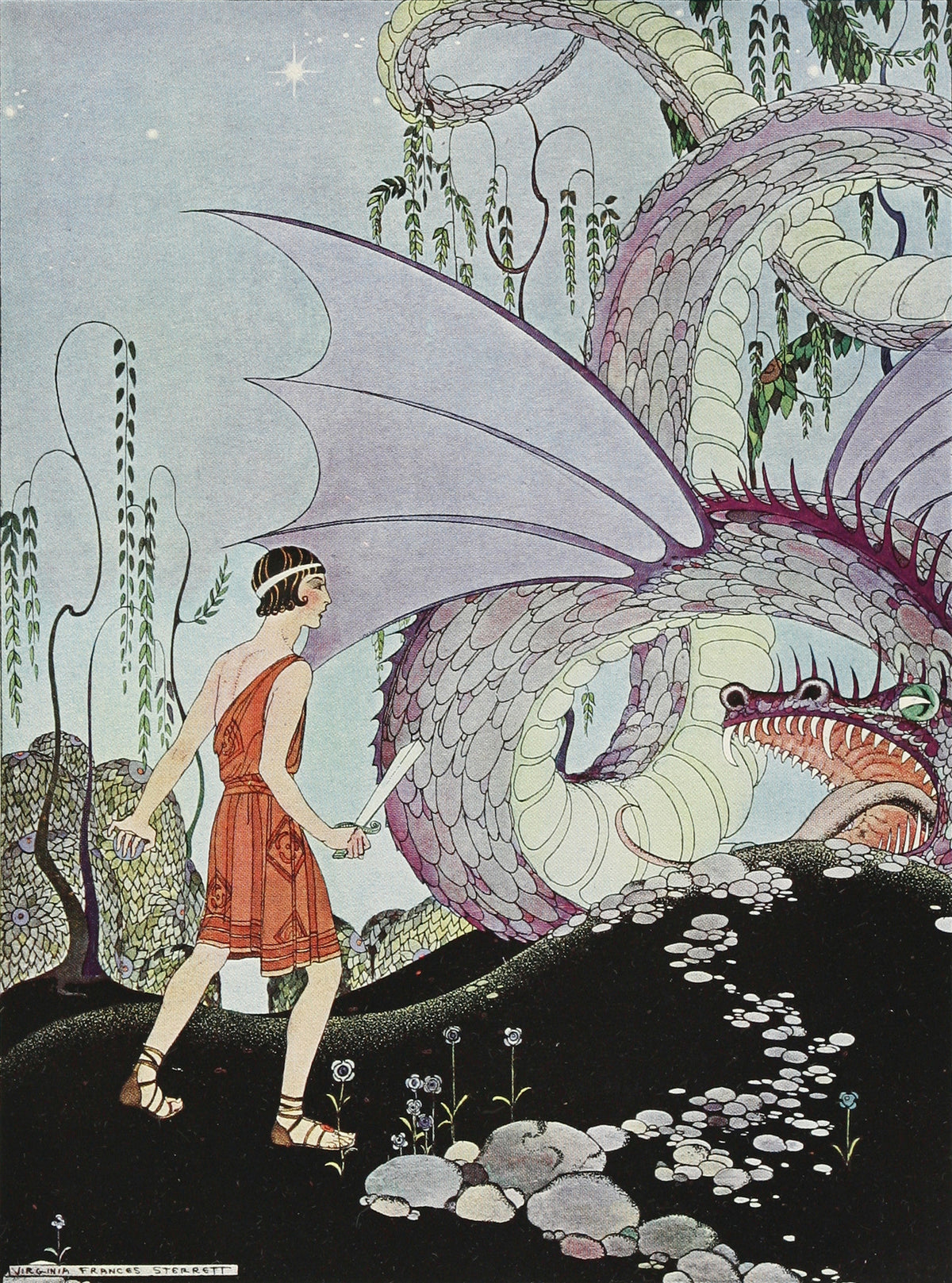 Virginia Frances Sterrett — The Dragon's Teeth: This pitiless reptile had killed his poor companions | Fairy Tale Illustration Print