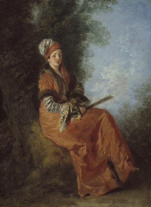 The Dreamer (La Rêveuse) by Jean-Antoine Watteau — A young woman in a rust gown and turban rests against a dark tree