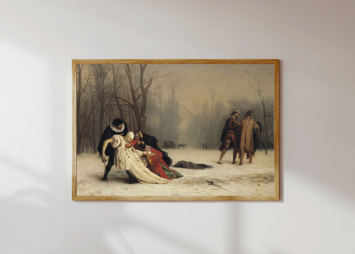 Framed art print of The Duel after the Masquerade by Jean-Léon Gérôme, in a light wood frame on a sunlit white wall