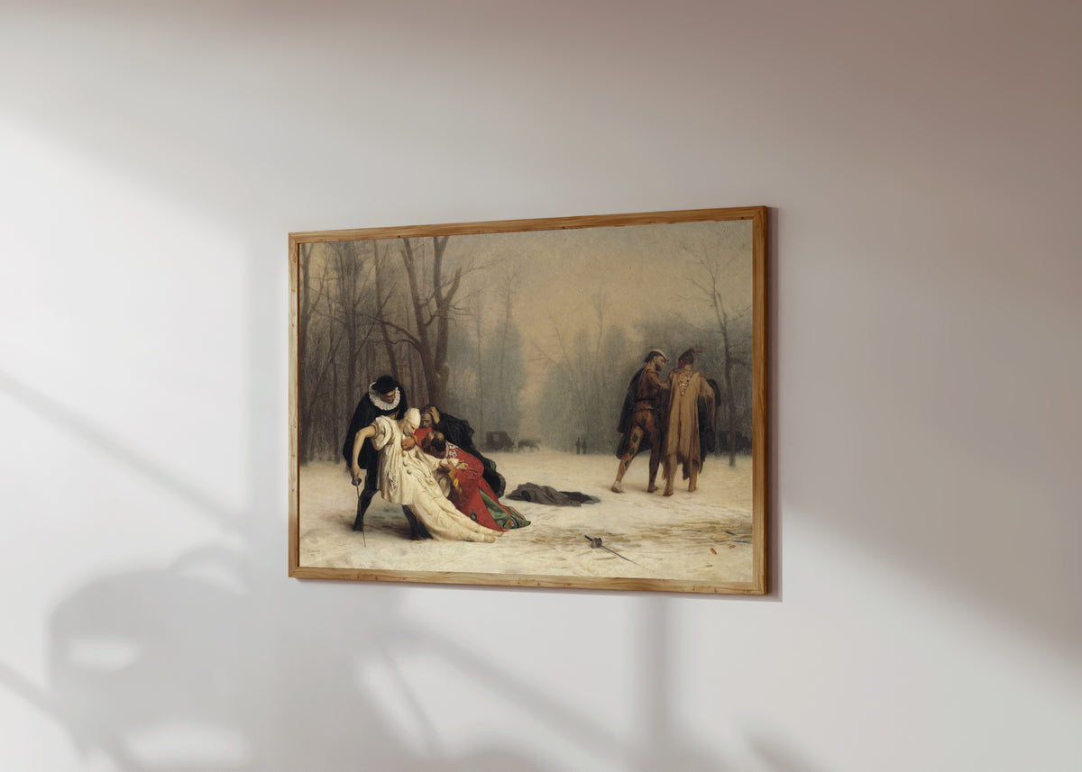 Framed art print of The Duel after the Masquerade by Jean-Léon Gérôme, in a light wood frame on a sunlit white wall, seen at a slight angle