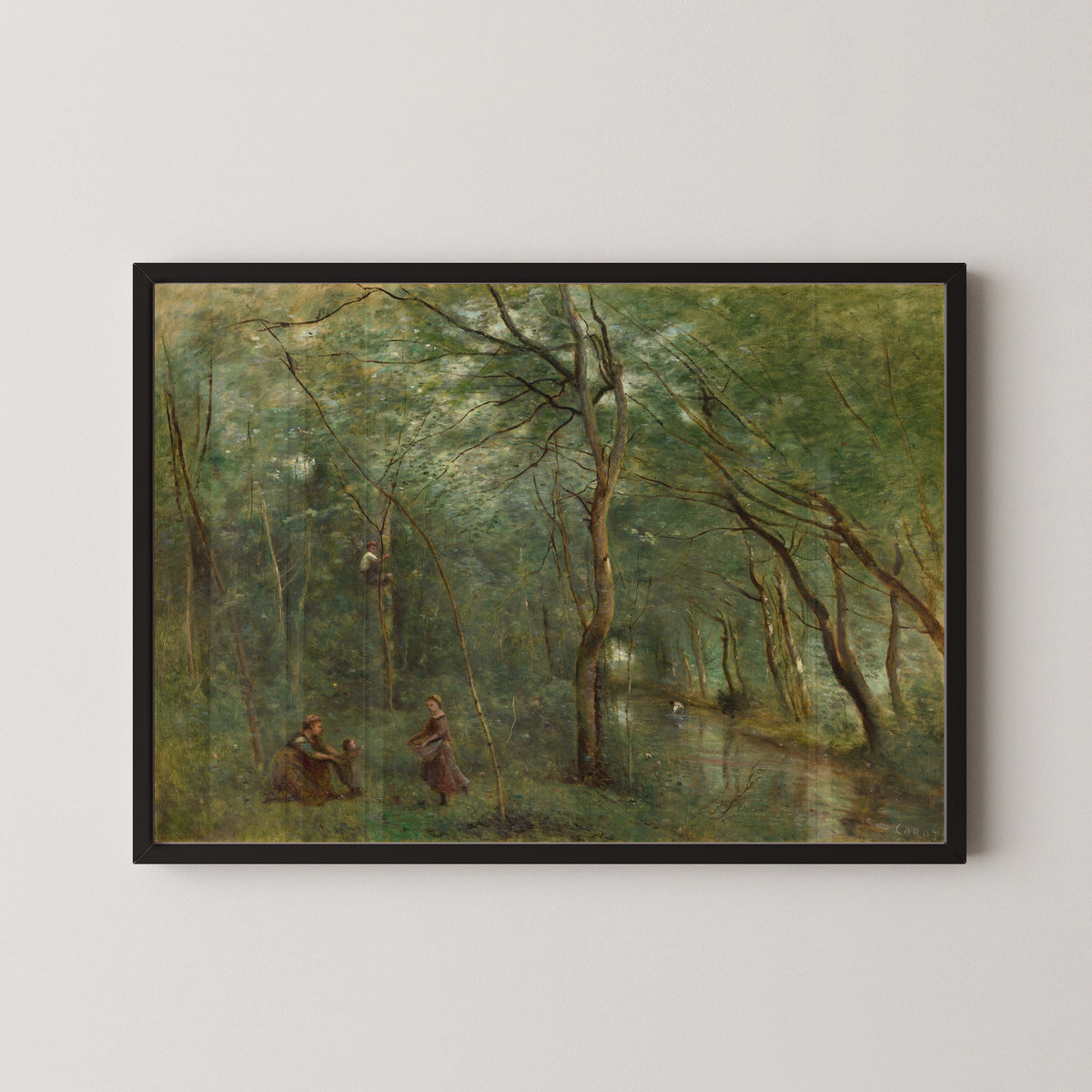 The Eel Gatherers by Jean-Baptiste-Camille Corot — in a black frame on a pale wall