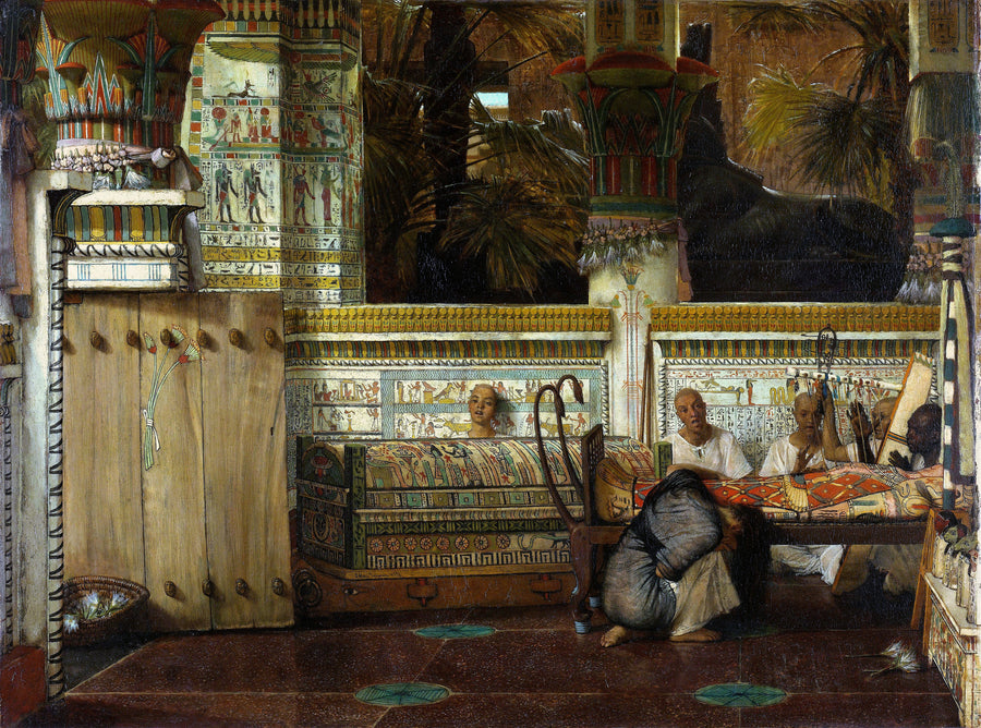 Lawrence Alma-Tadema — The Egyptian Widow | Art Print shown to scale on a wall above a sofa