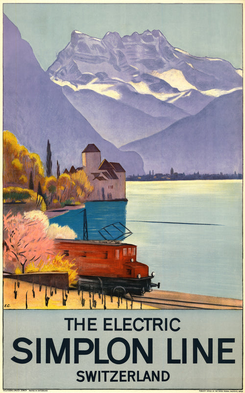 The Electric Simplon Line: Switzerland by Emil Cardinaux — A red electric locomotive beside a castle on a violet-mountain lake