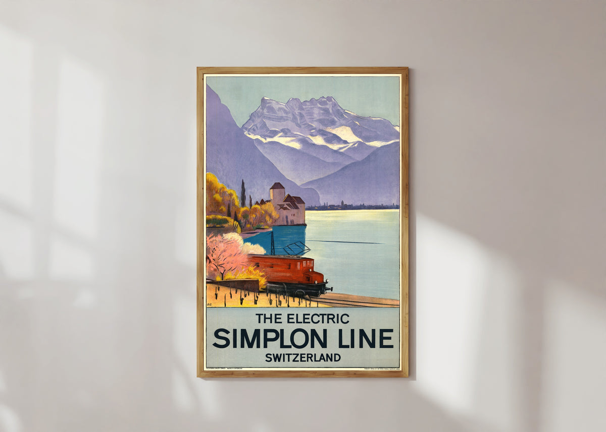 Framed art print of The Electric Simplon Line: Switzerland by Emil Cardinaux, in a light wood frame on a sunlit white wall