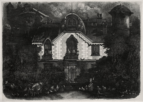 The Enchanted House by Rodolphe Bresdin — A dark manor glows behind its gates as a herd crowds the path outside