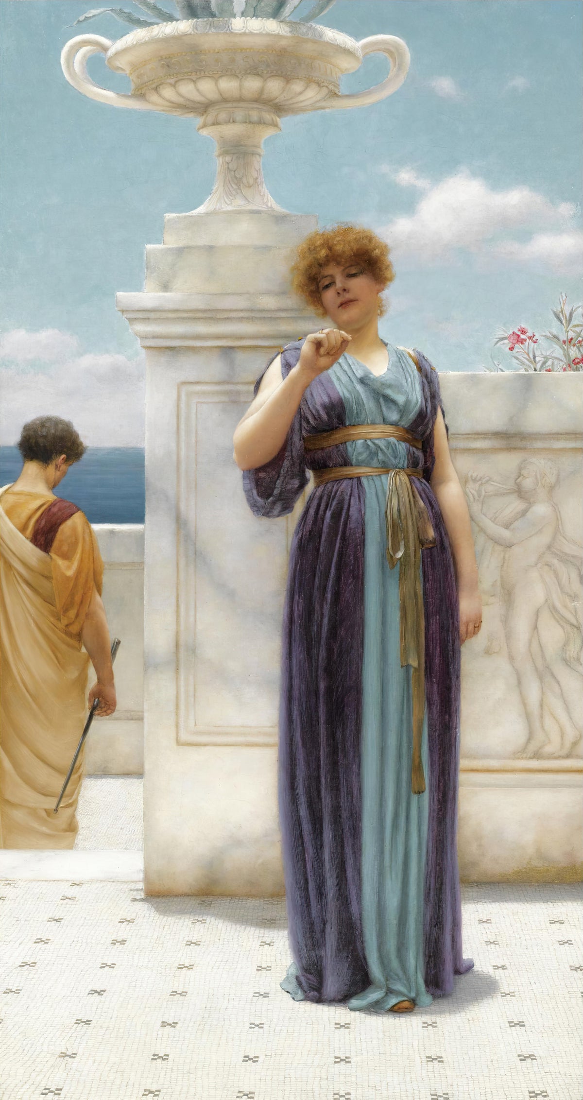 The Engagement Ring by John William Godward — A woman in violet and blue lifts a ring as a young man walks away