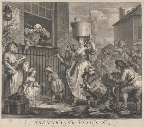 The Enraged Musician by William Hogarth — A violinist at a window covers his ears against the street din