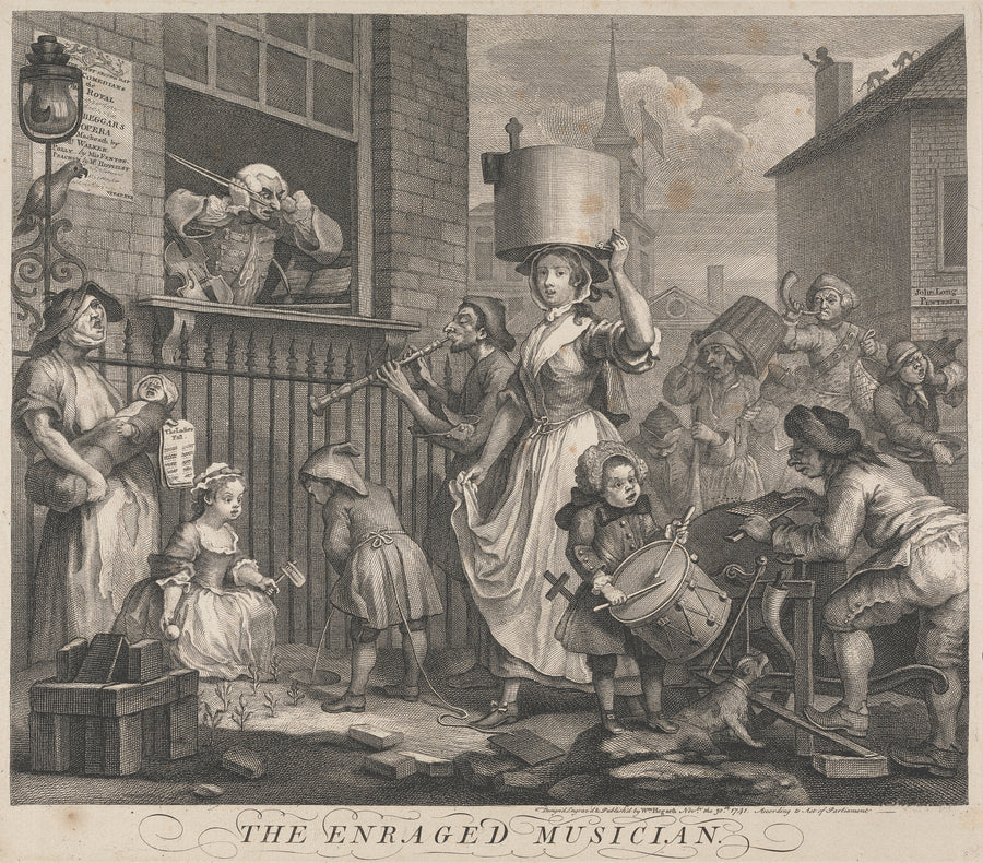 William Hogarth — The Enraged Musician | Engraving Print shown to scale on a wall above a sofa