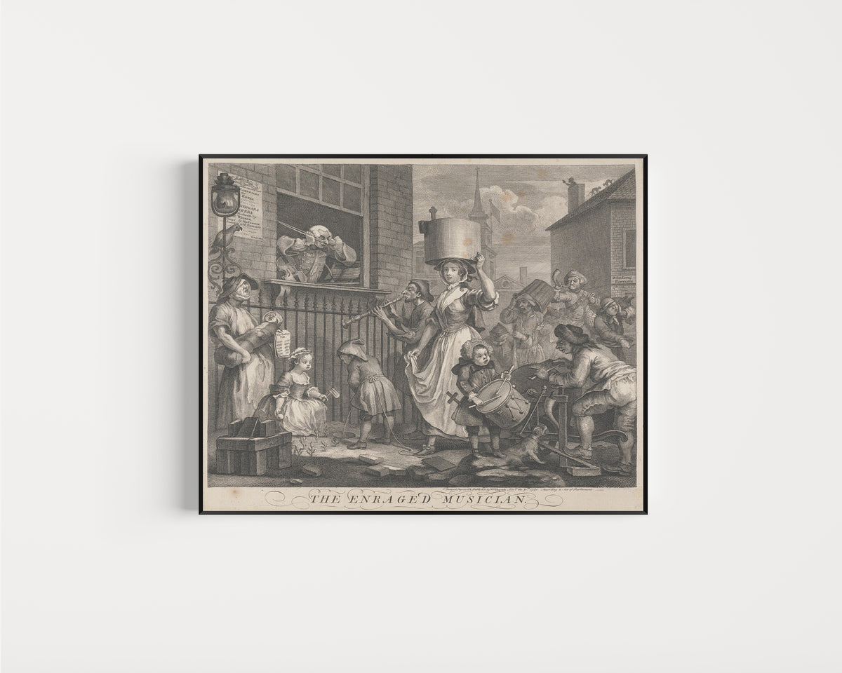 Framed art print of The Enraged Musician by William Hogarth, in a slim black frame on a plain white wall