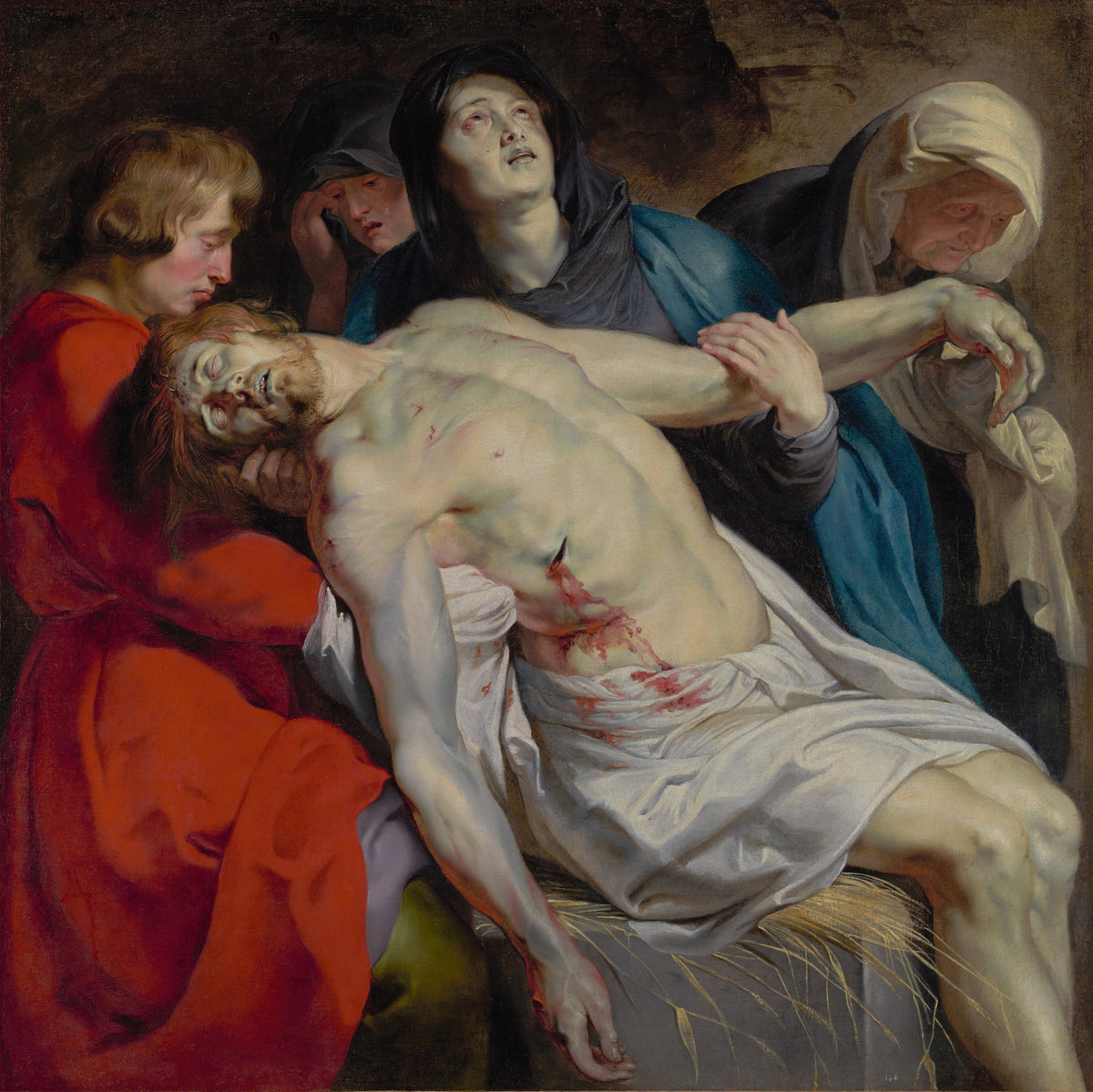The Entombment by Peter Paul Rubens — A young man in red cradles the body of Christ on a stone slab
