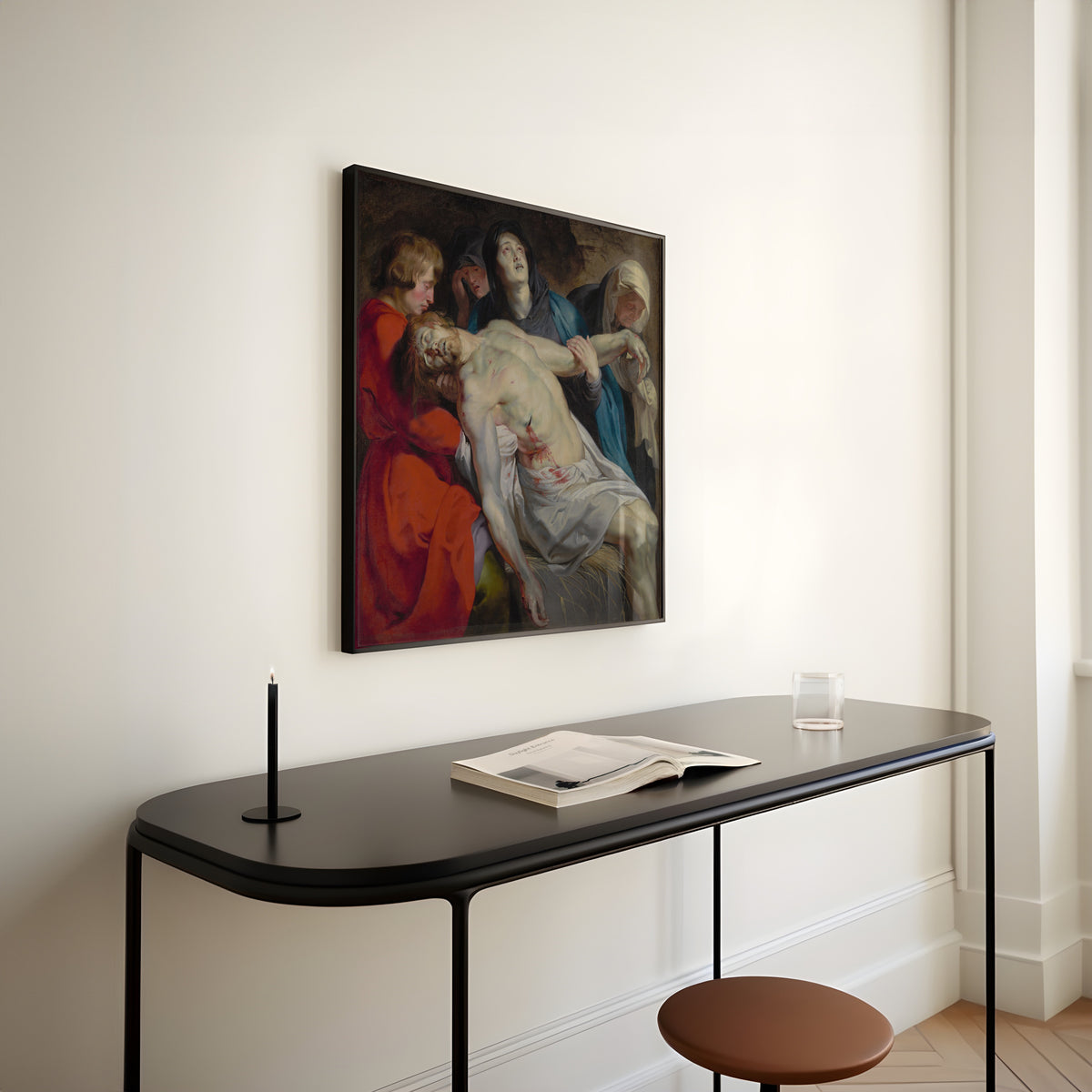Framed art print of The Entombment by Peter Paul Rubens, above a slim black console table