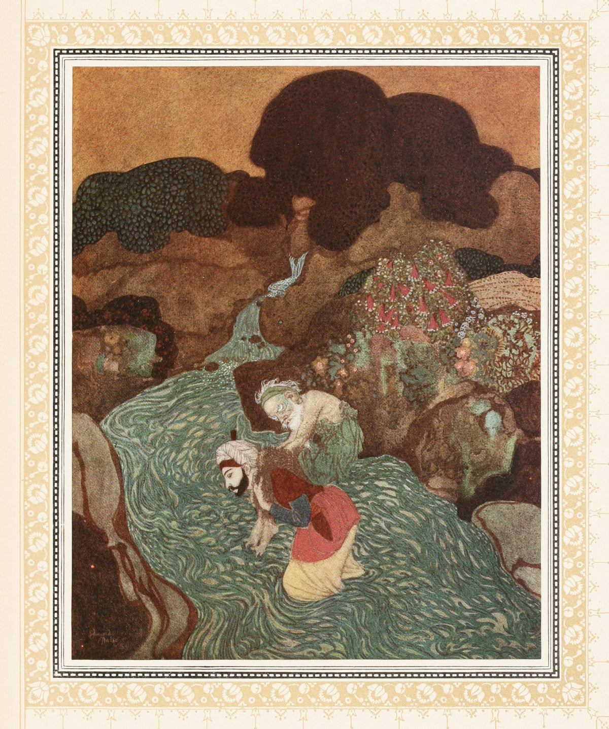The Episode of the Old Man of the Sea by Edmund Dulac — A man wades a green stream with an old man on his back