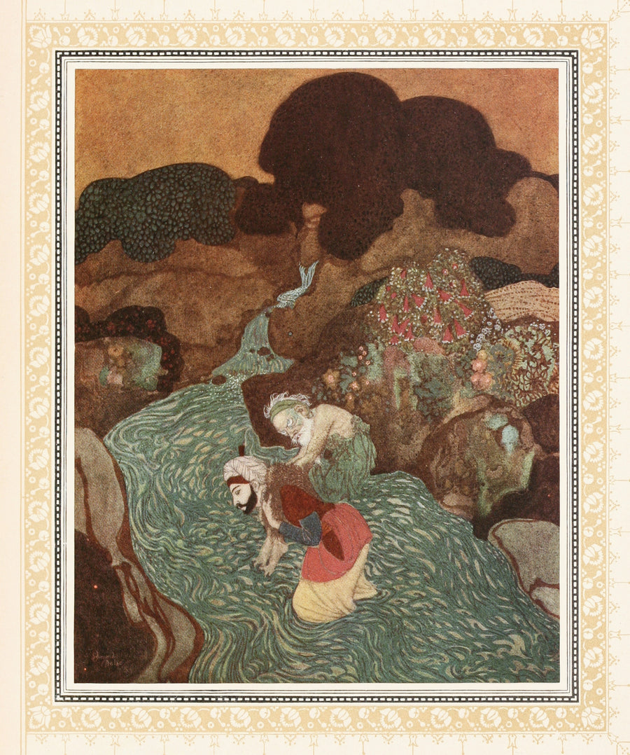 Edmund Dulac — The Episode of the Old Man of the Sea | Fantasy Illustration Print shown to scale on a wall above a sofa