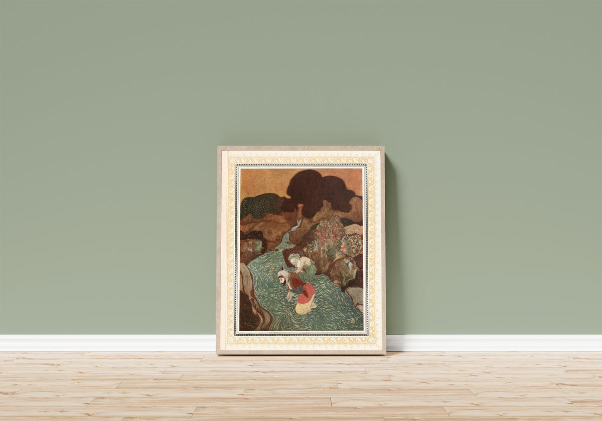 Framed art print of The Episode of the Old Man of the Sea by Edmund Dulac, in a light wood frame leaning on a sage green wall above a wooden floor