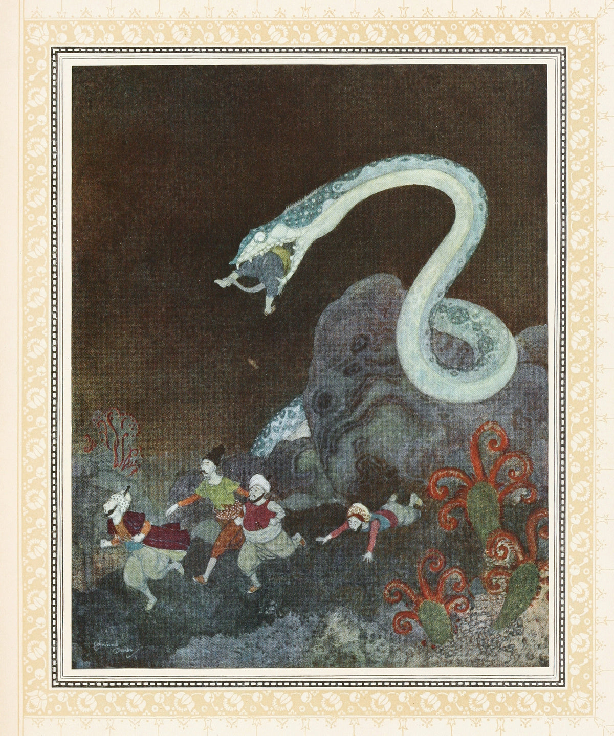 The Episode of the Snake by Edmund Dulac — A pale serpent lifts a man in its jaws above fleeing men