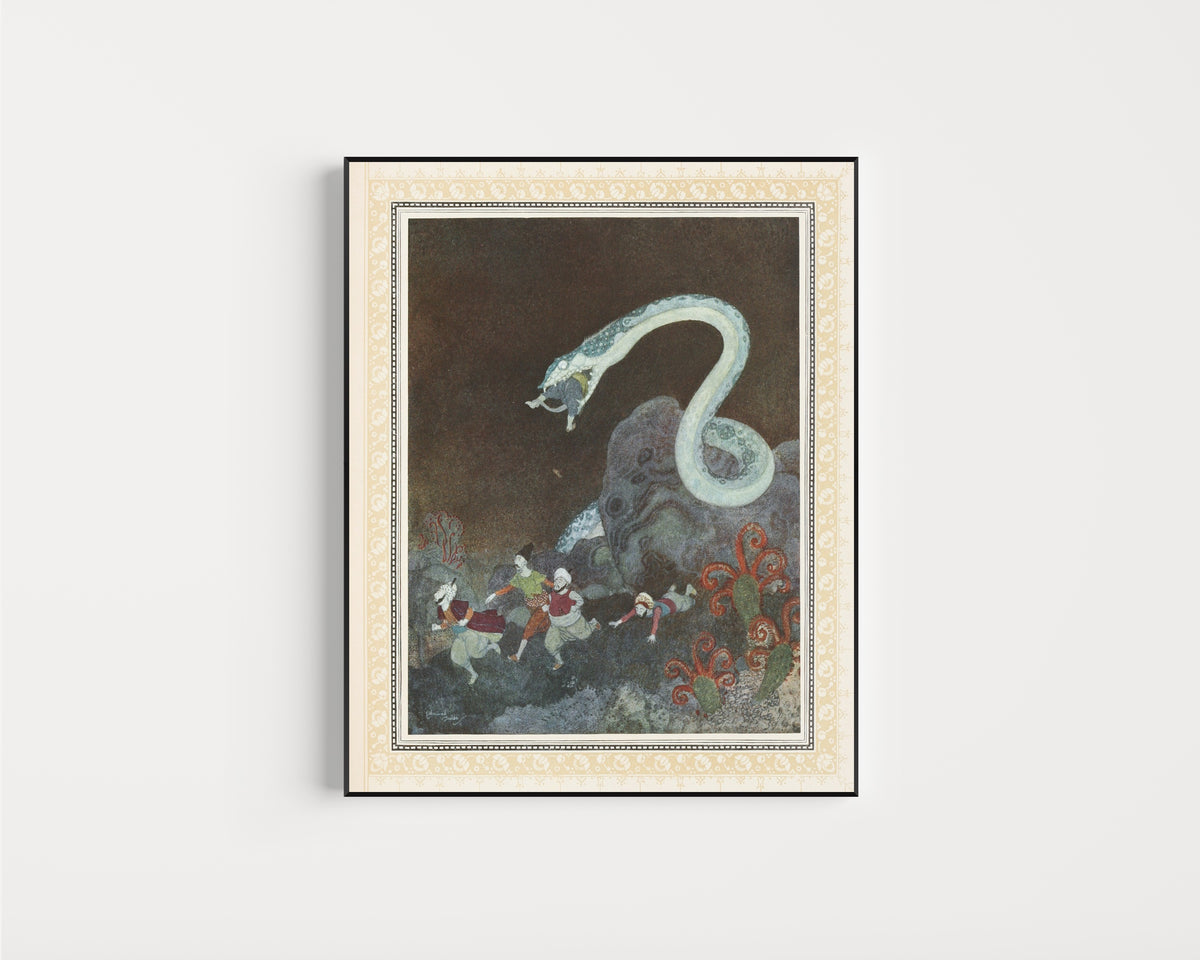 Framed art print of The Episode of the Snake by Edmund Dulac, in a slim black frame on a plain white wall