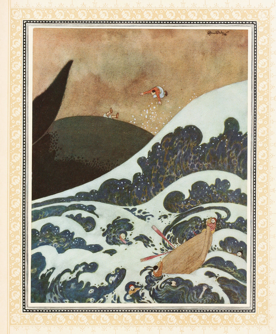 Edmund Dulac — The Episode of the Whale | Fantasy Illustration Print shown to scale on a wall above a sofa