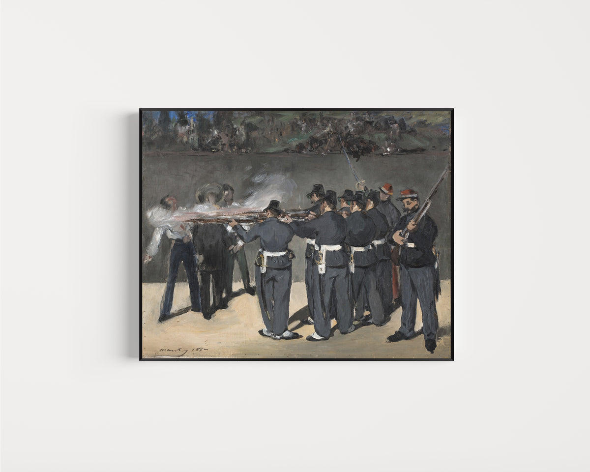 Framed art print of The Execution of Emperor Maximilian by Édouard Manet, in a slim black frame on a plain white wall
