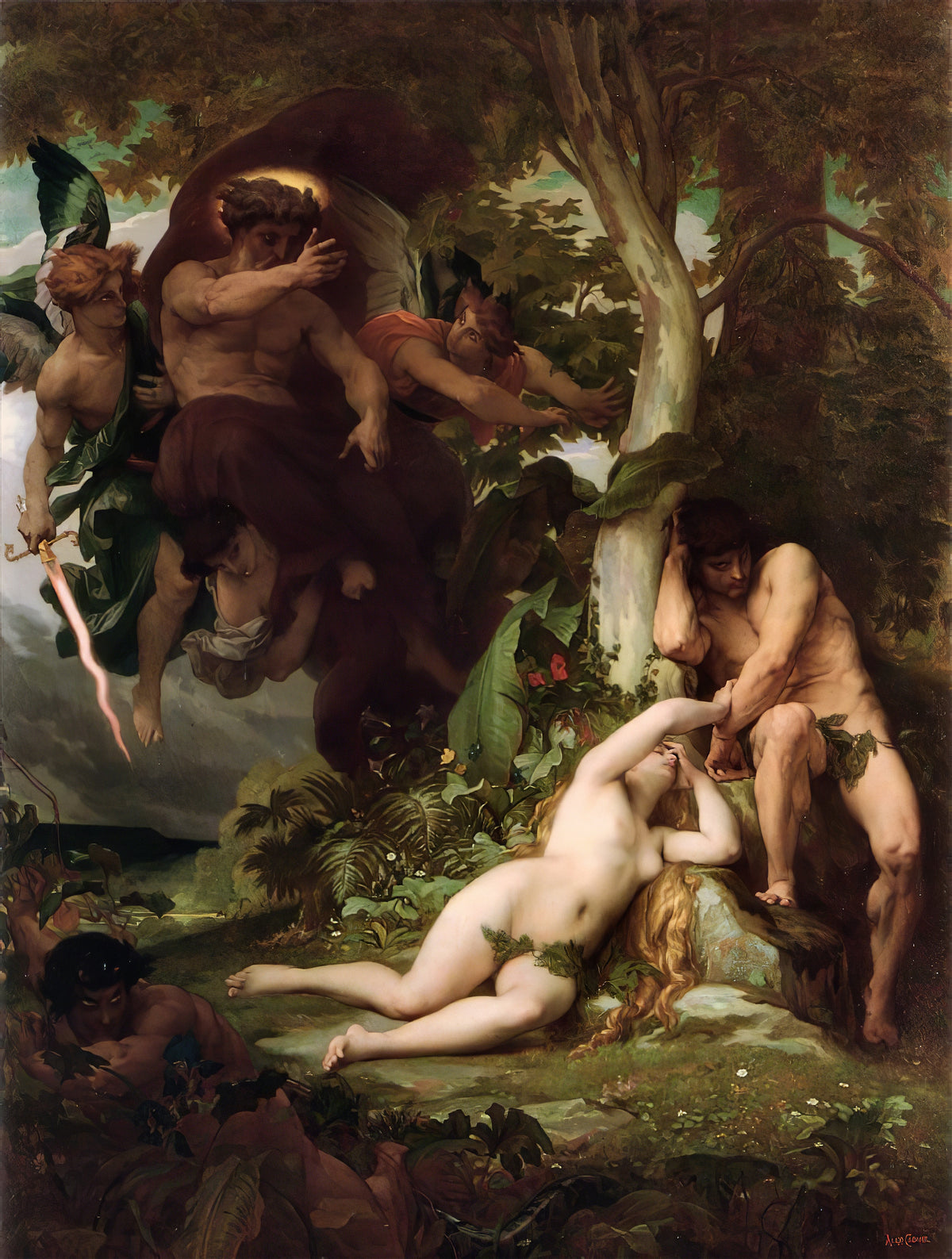 The Expulsion of Adam and Eve from the Garden of Paradise by Alexandre Cabanel — Adam and Eve grieve beneath a tree as God and angels sweep overhead