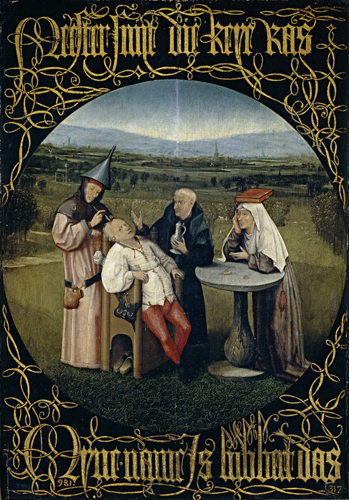 The Extraction of the Stone of Madness (Cutting the Stone) by Hieronymus Bosch — A quack in a funnel hat cuts into a patient's head in an open field