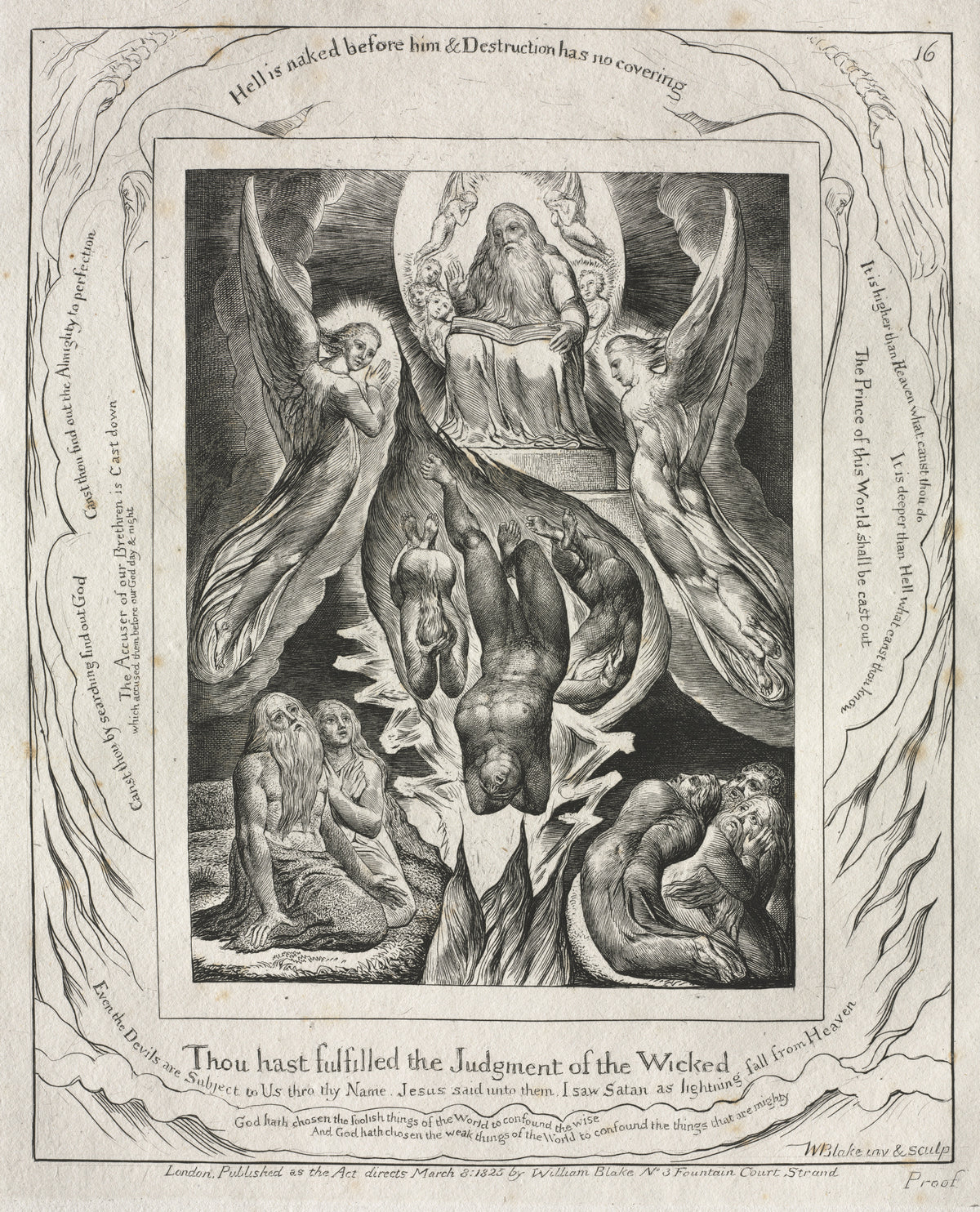 The Fall of Satan (Book of Job, Plate 16) by William Blake — Satan falls headlong into flames from before the Lord's throne