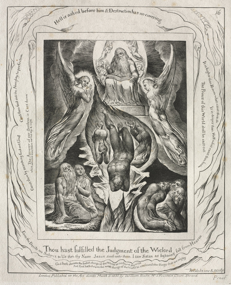 William Blake — The Fall of Satan (Book of Job, Plate 16) | Engraving Print shown to scale on a wall above a sofa