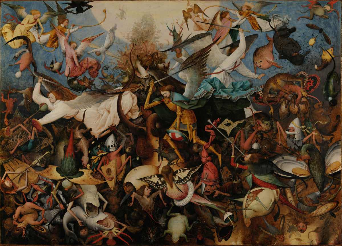 The Fall of the Rebel Angels by Pieter Bruegel the Elder — Angels in white and gold drive a tangle of monsters from the sky
