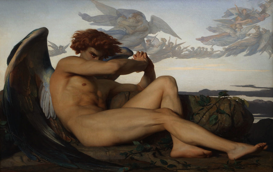 Alexandre Cabanel — The Fallen Angel | Art Print shown to scale on a wall above a sofa