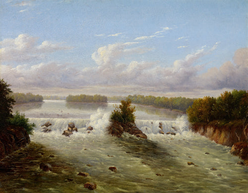 The Falls of St. Anthony by Seth Eastman — The Mississippi breaks white over a low fall into olive-green rapids