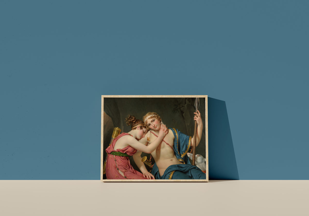 Framed art print of The Farewell of Telemachus and Eucharis by Jacques-Louis David, in a light wood frame leaning on a blue wall