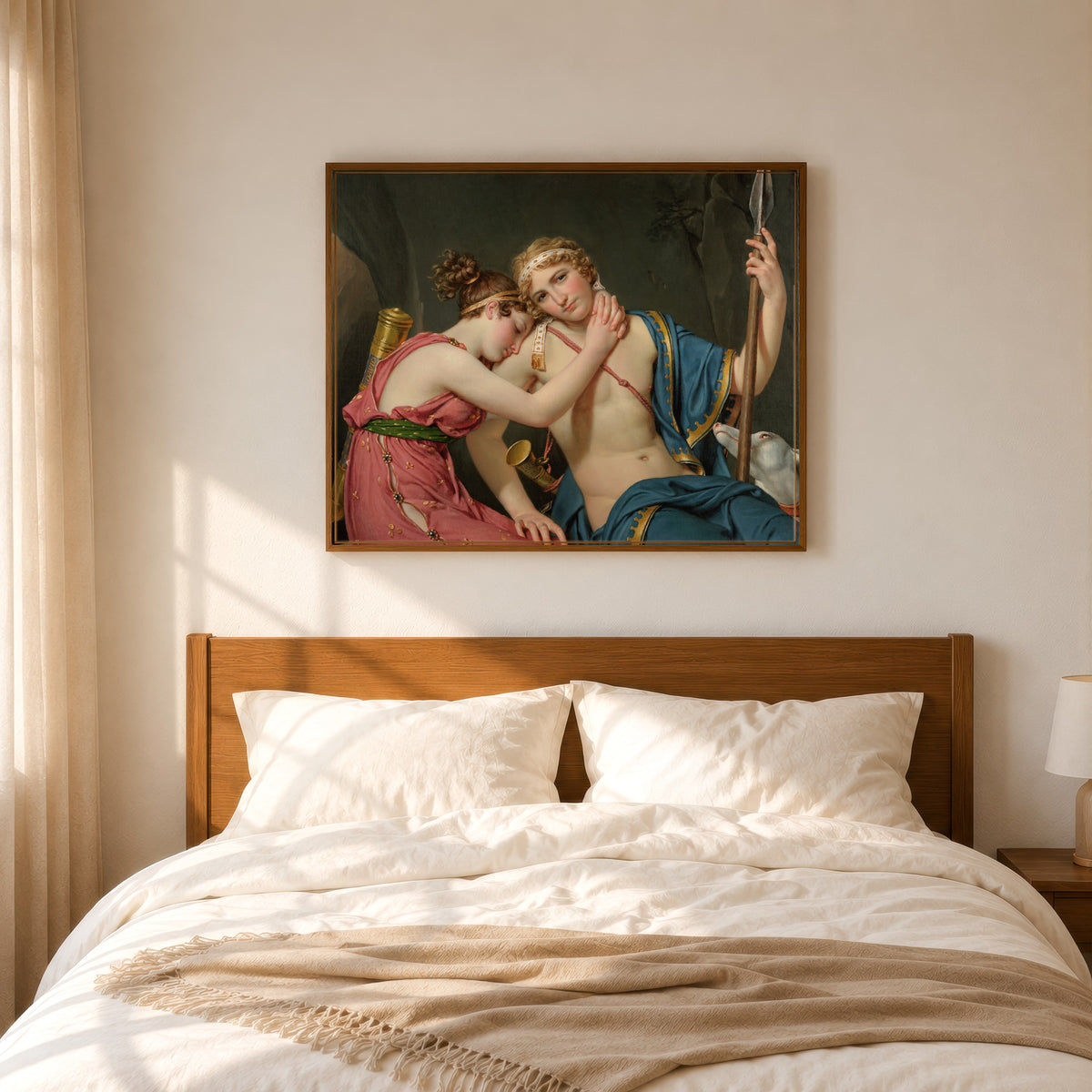 Framed art print of The Farewell of Telemachus and Eucharis by Jacques-Louis David, in a slim wood frame above a bed in a sunlit bedroom