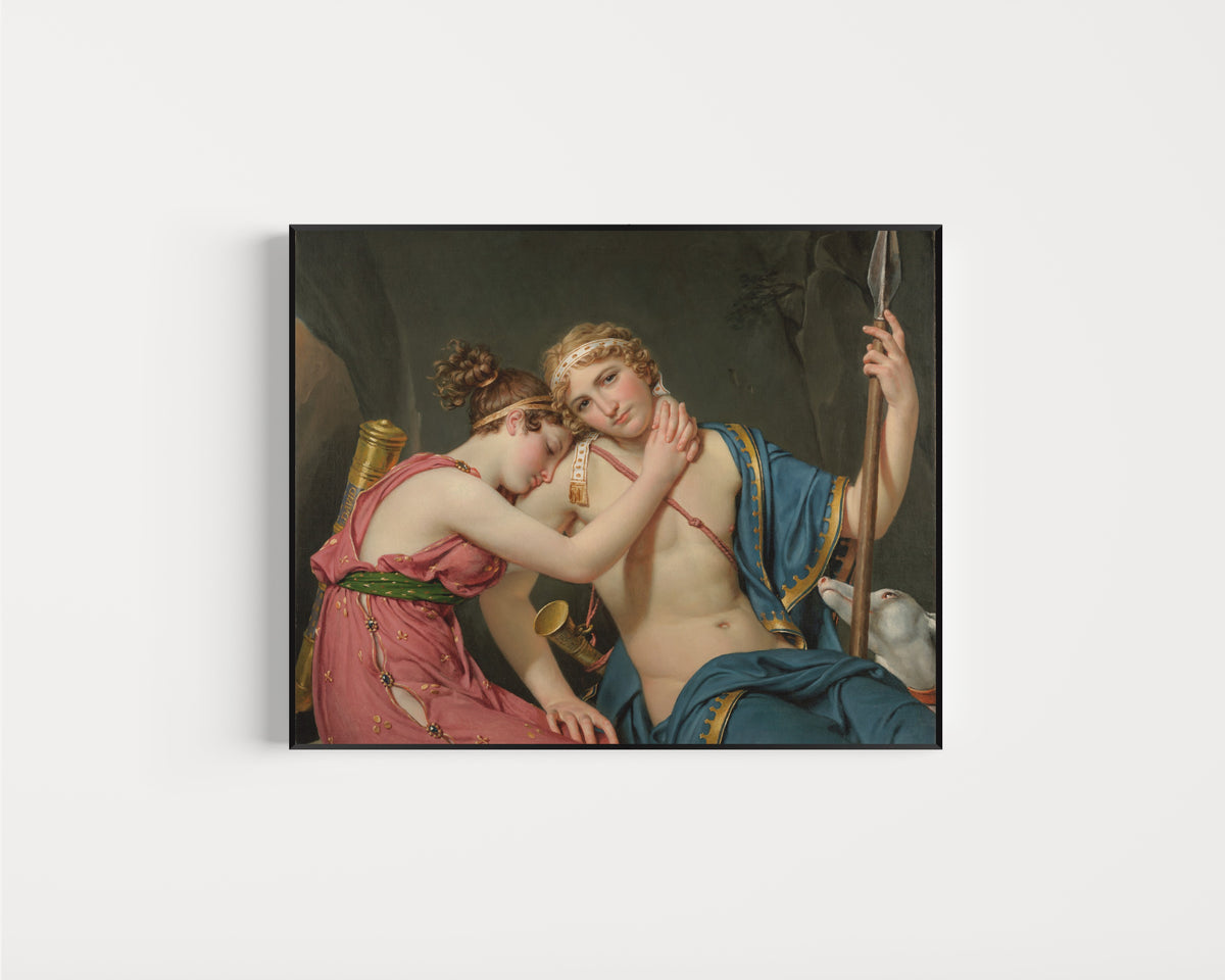 Framed art print of The Farewell of Telemachus and Eucharis by Jacques-Louis David, in a slim black frame on a plain white wall