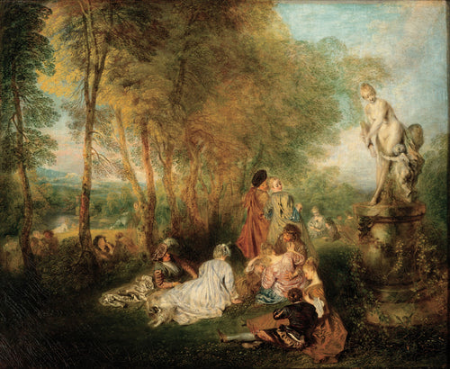 The Feast of Love by Jean-Antoine Watteau — Couples lounge in a sunlit grove near a statue of Venus