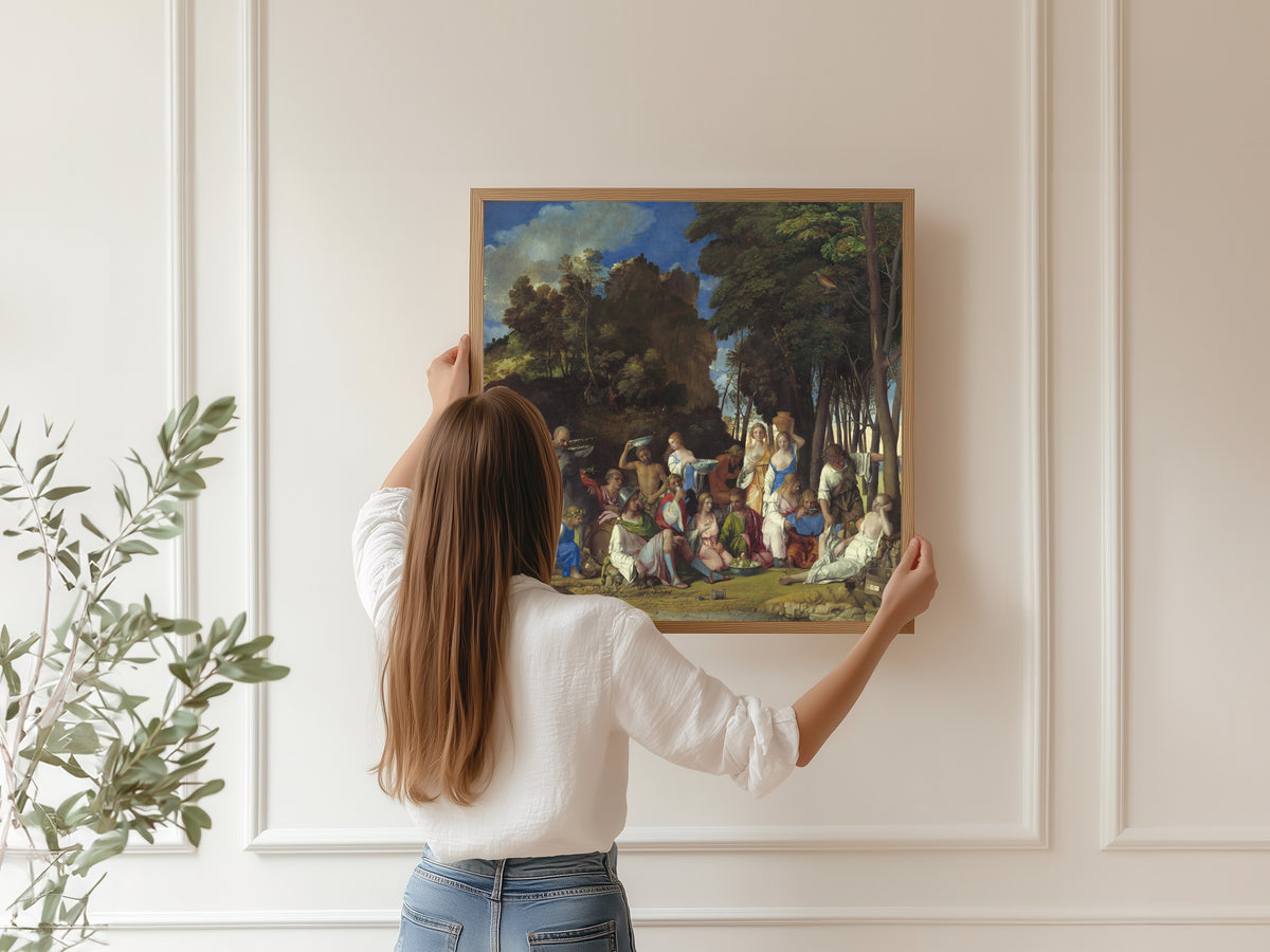 Framed art print of The Feast of the Gods by Giovanni Bellini, hung on a panelled wall