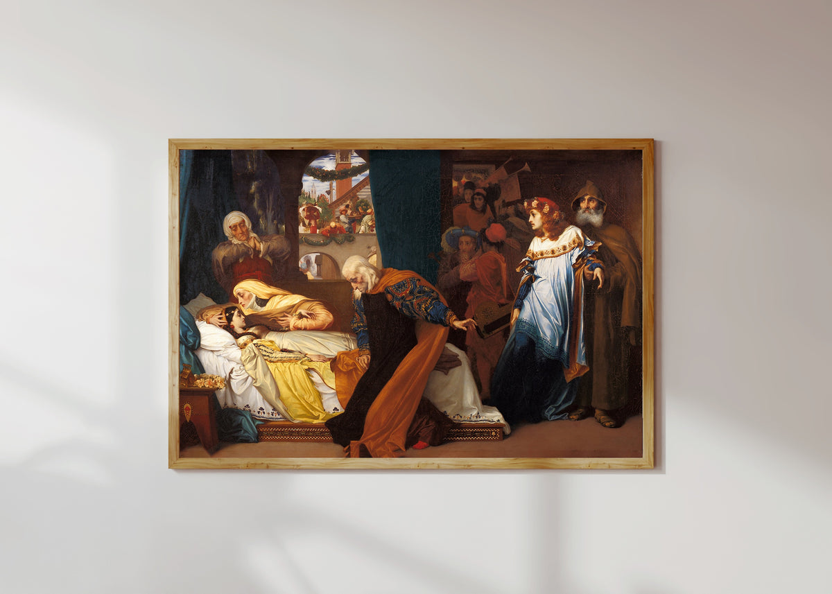 Framed art print of The Feigned Death of Juliet by Frederic Leighton, in a light wood frame on a sunlit white wall