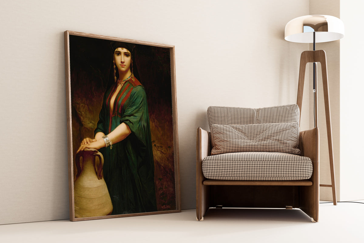 The Fellah Lady by Charles Landelle — framed and leaning against a wall beside an armchair and a floor lamp