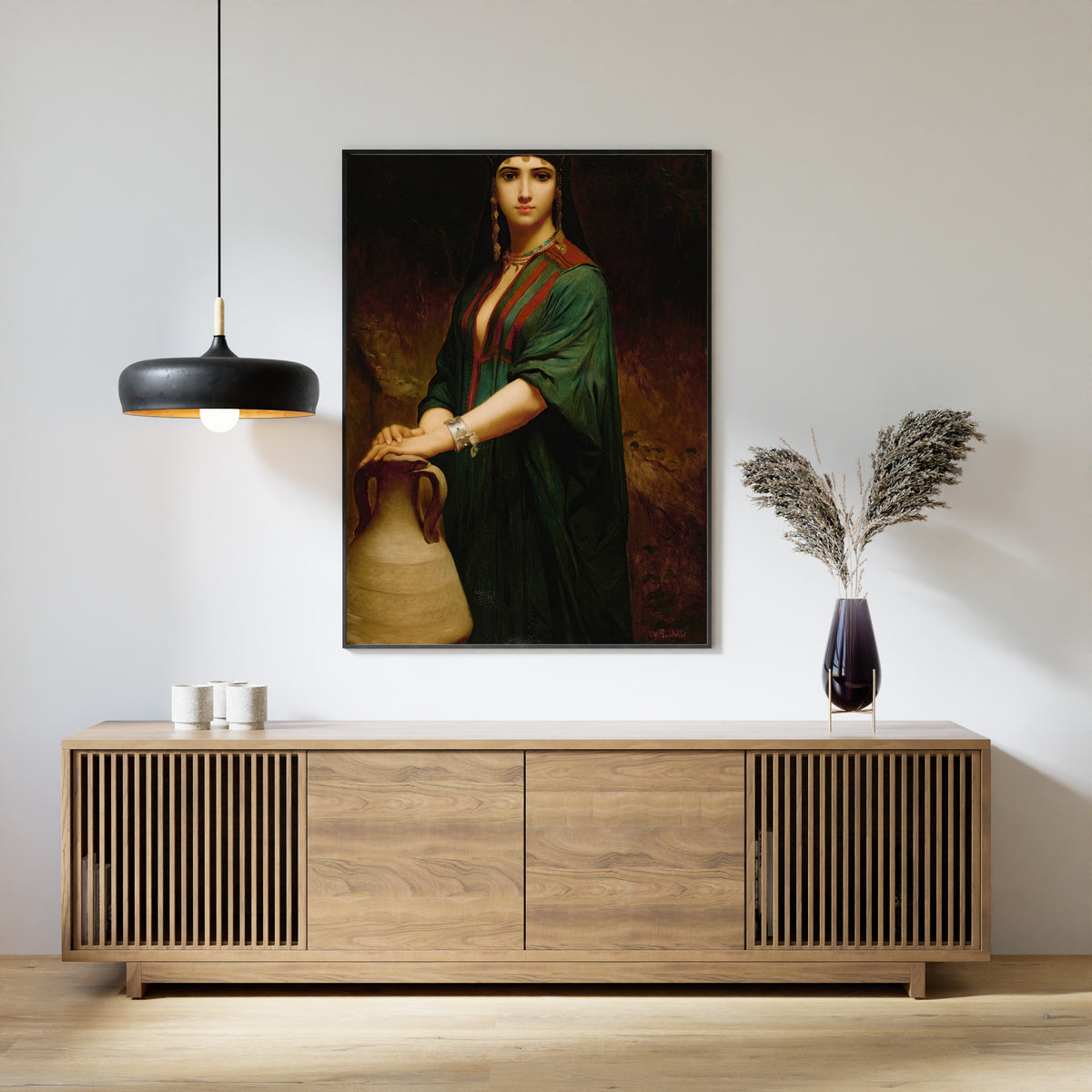 The Fellah Lady by Charles Landelle — framed above a slatted wood sideboard