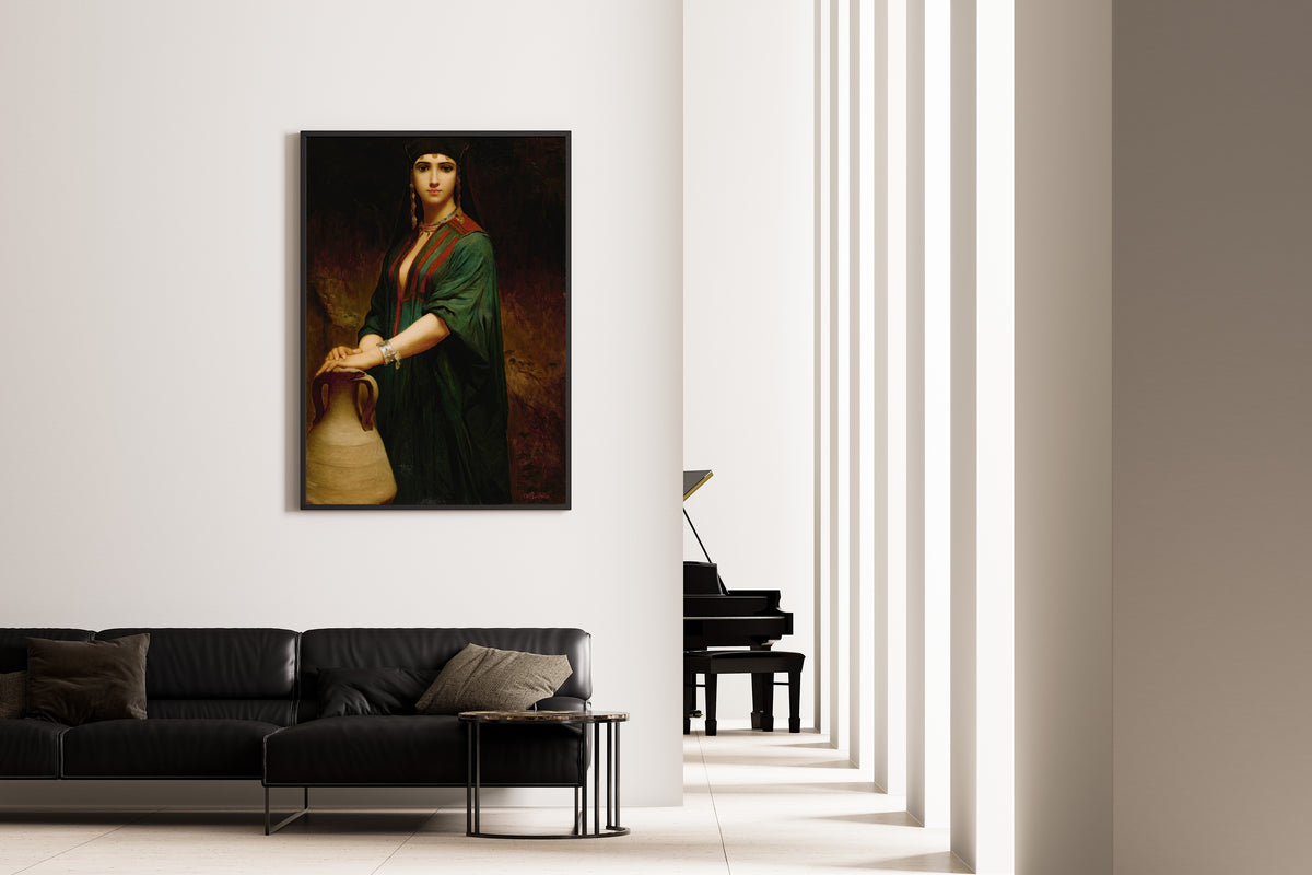 The Fellah Lady by Charles Landelle — framed on the wall of a minimal living room