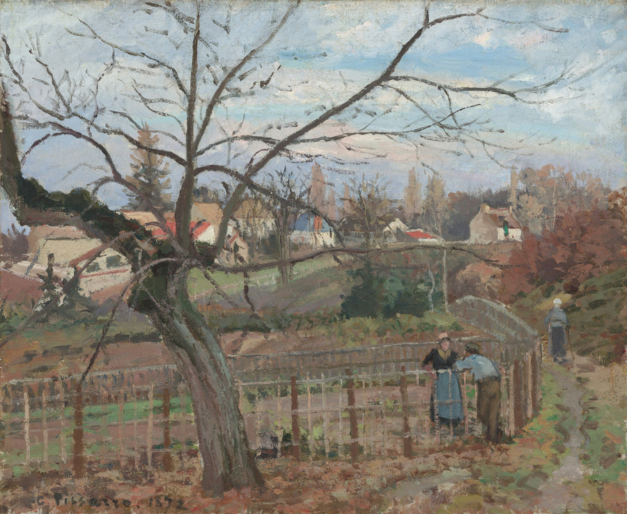 Camille Pissarro — The Fence | Fine Art Print shown to scale on a wall above a sofa
