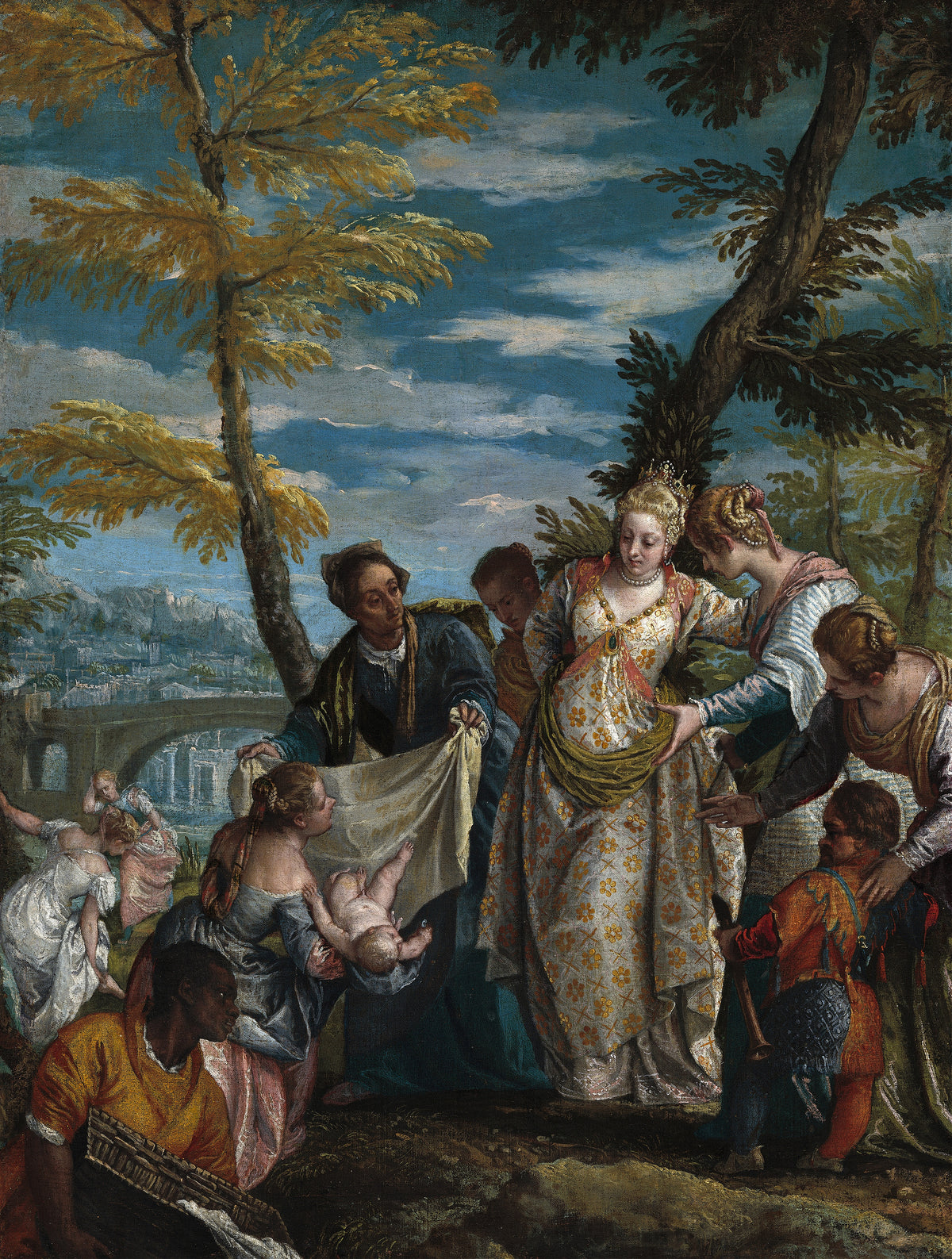 The Finding of Moses by Paolo Veronese — Attendants gather around a baby before a woman in white brocade
