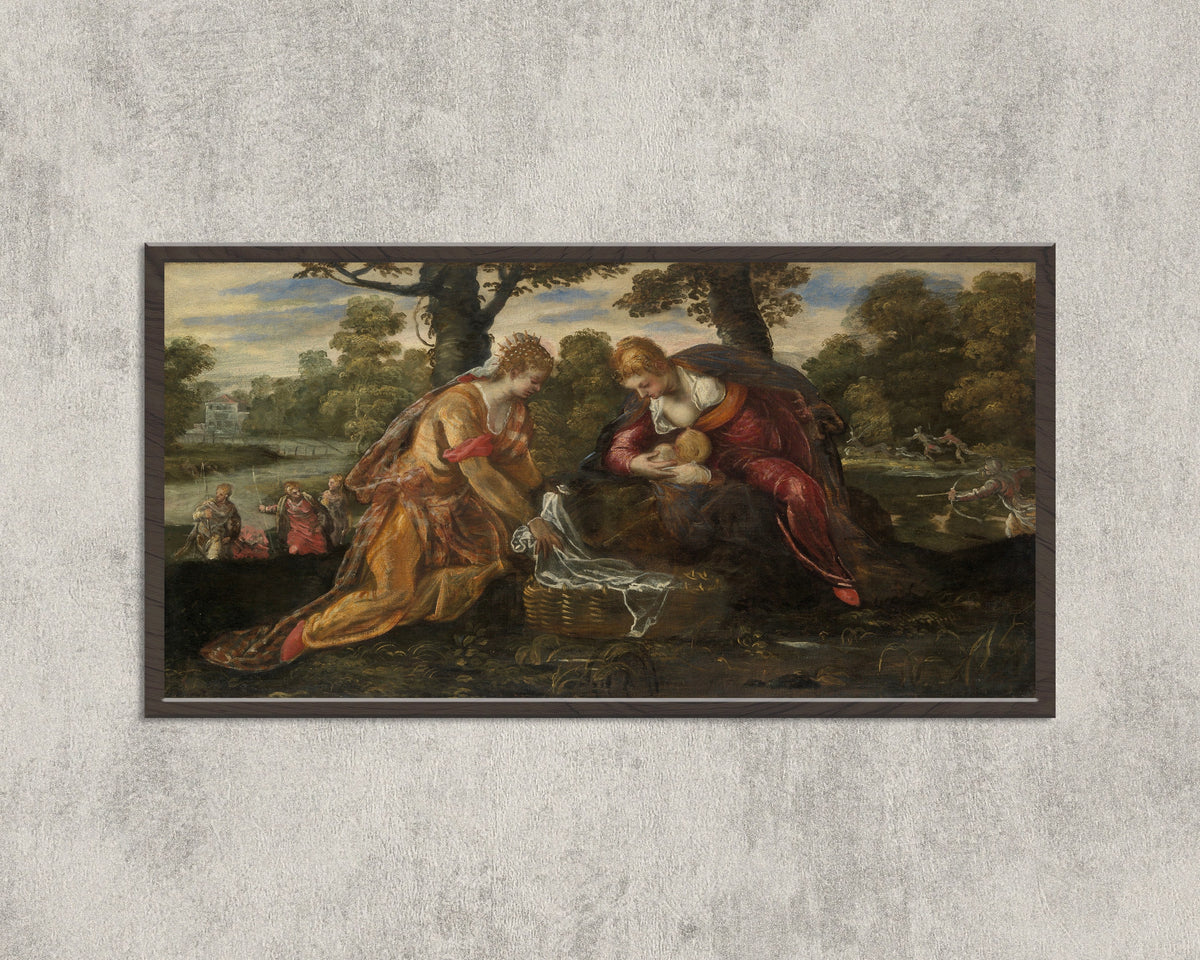 Framed art print of The Finding of Moses by Tintoretto, in a wide black frame on a concrete wall