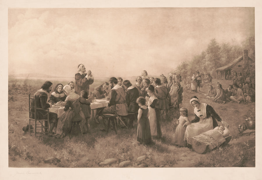 Jennie Brownscombe — The First American Thanksgiving | Thanksgiving Art Print shown to scale on a wall above a sofa
