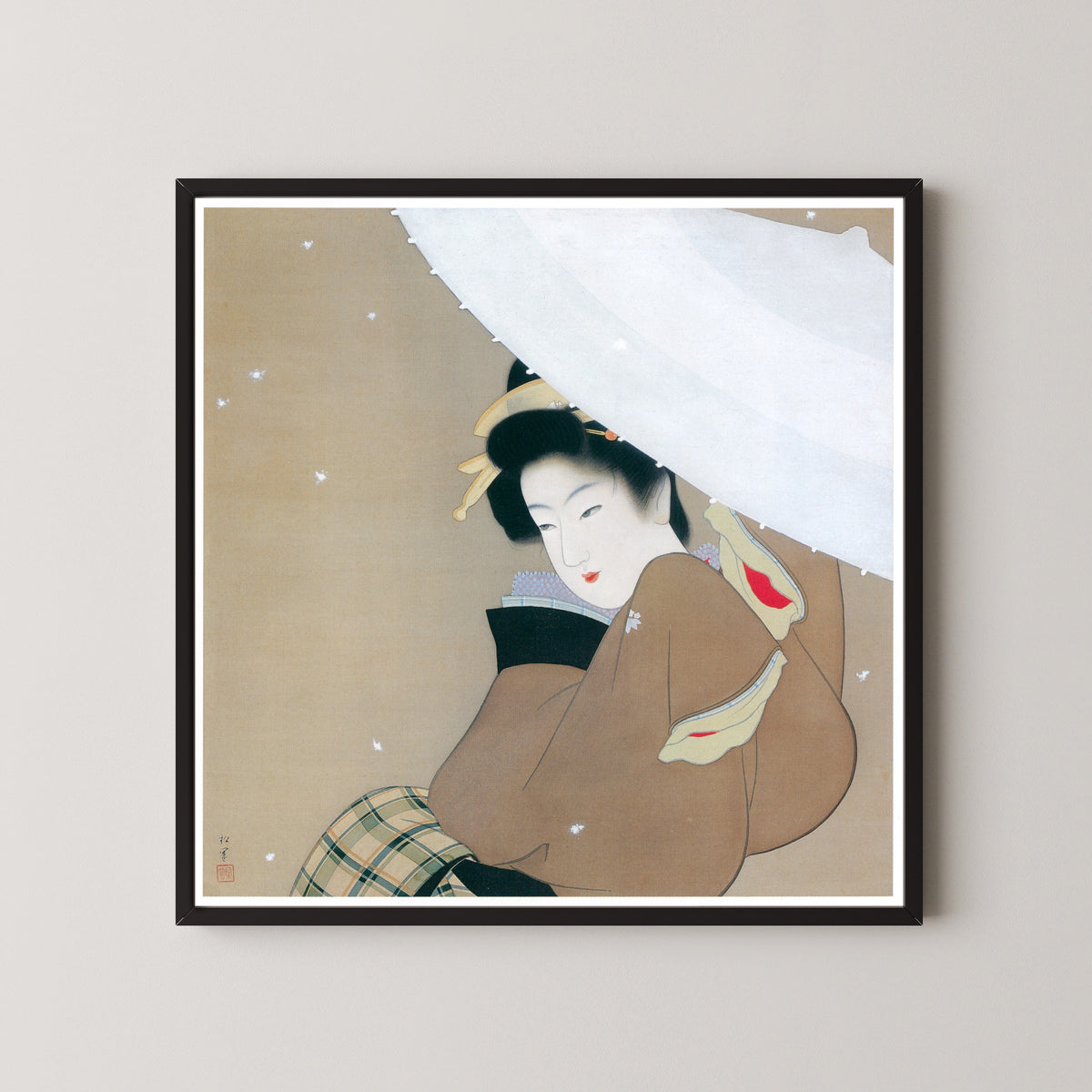 The First Snow of the Year by Uemura Shōen — shown framed on a wall