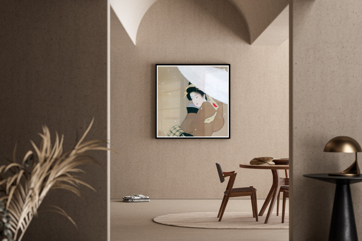 The First Snow of the Year by Uemura Shōen — shown framed on a wall