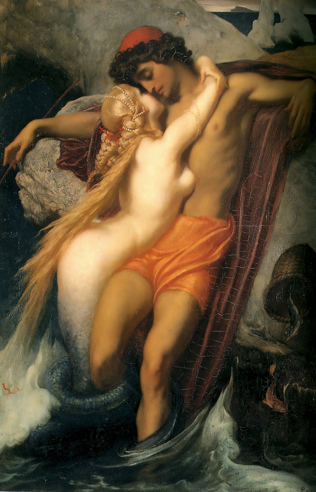 The Fisherman and the Syren by Frederic Leighton — A long-haired syren rising from the surf clasps a young fisherman