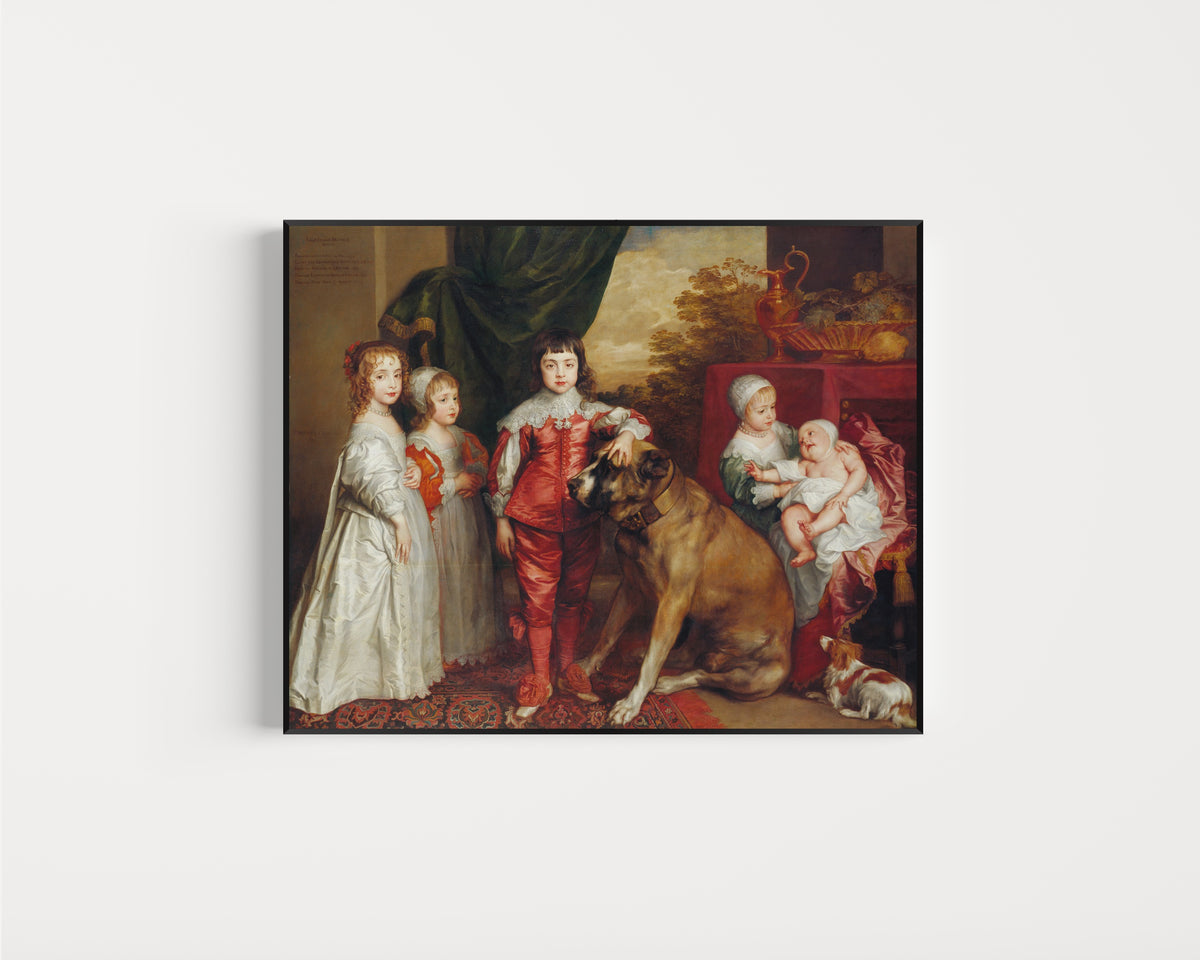 Framed art print of The Five Eldest Children of Charles I by Anthony van Dyck, in a slim black frame on a plain white wall