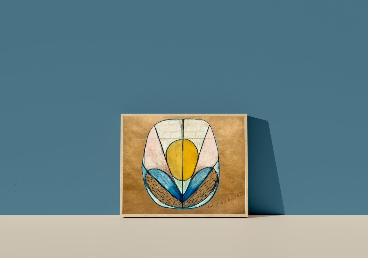 Framed art print of The Five, No Title by Hilma af Klint, in a light wood frame leaning on a blue wall