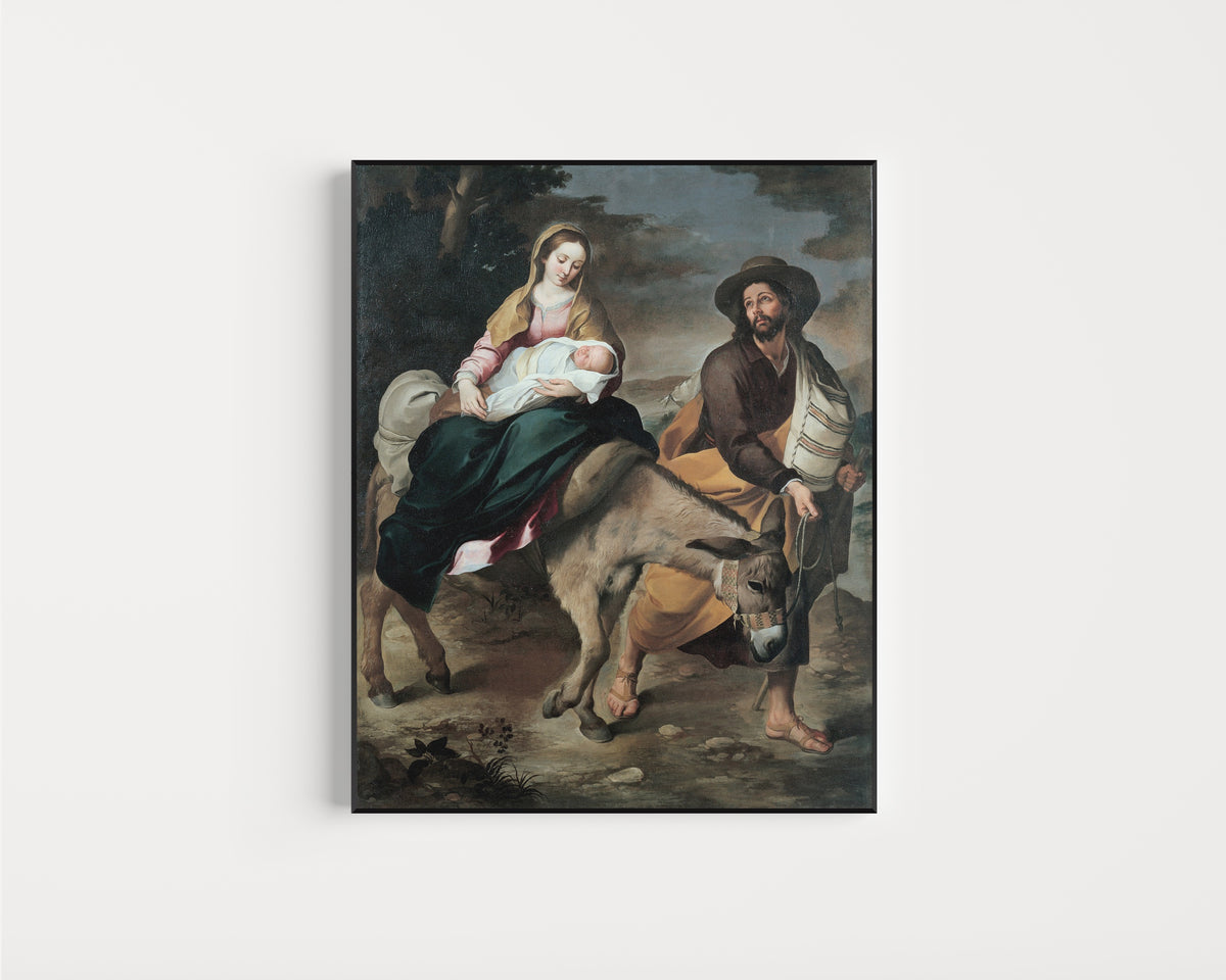 Framed art print of The Flight into Egypt by Bartolomé Esteban Murillo, in a slim black frame on a plain white wall